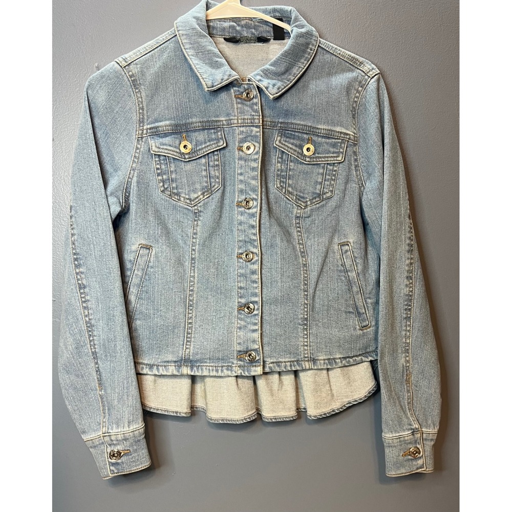 Du Jour Women's Blue Denim Jacket Size S Peplum Ruffle Hem Jean Coat Trucker Y2K